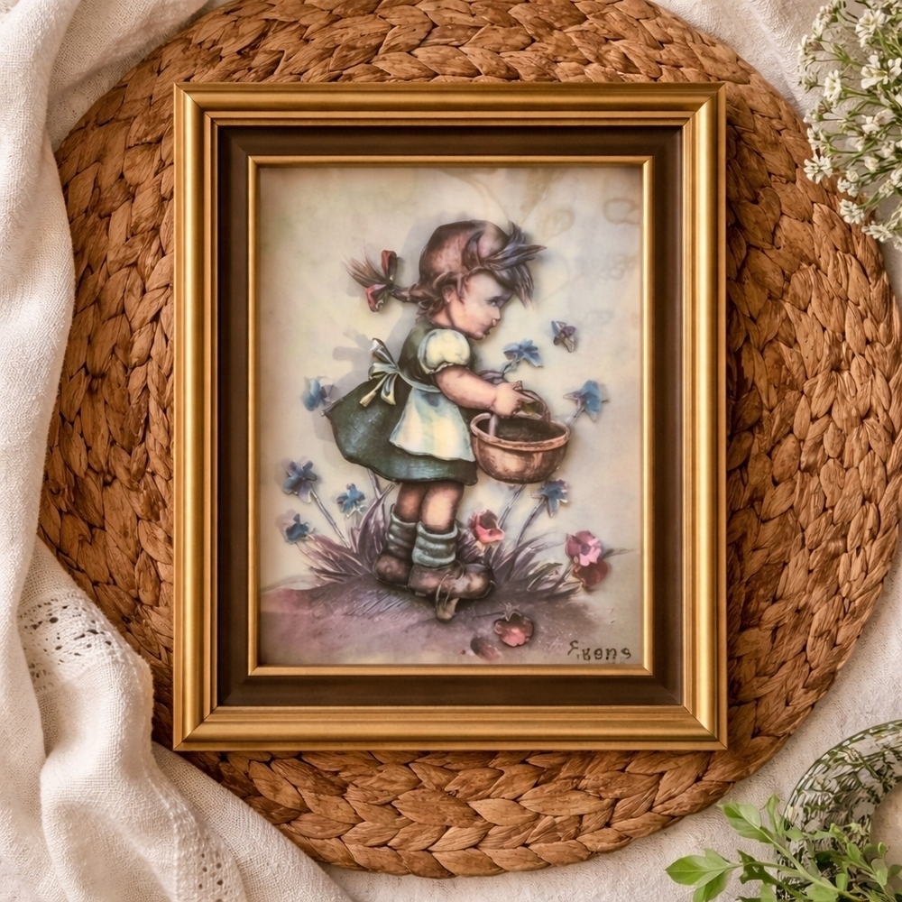 Vintage Hummel Style Framed 3D Print Girl with Basket Cottagecore Wall Art